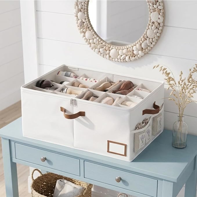 StorageWorks Large Shoe Storage for Closet, 16 Shoe Cubbies, Beige | Up to 20 Pairs, Fixed Compartments, Clear Lid, Label Window, Side Mesh Pocket, Soft Handles, Fits Flats, Sandals, For Mudroom