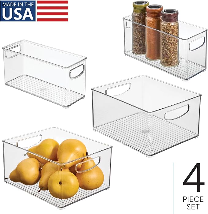 iDesign 4-Piece Plastic Organizer Bin Set, Clear | Two 10" x 8" x 5" Bins, Two 10" x 4" x 5" Bins, For Pantry and Cabinet Organization, Made in the USA