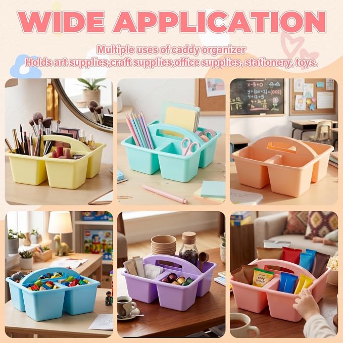 Kathfly 6 Pack Classroom Caddy Organizer with Handle, Plastic Art Craft Cleaning Caddy Bulk, Small Multipurpose Supply Organization Storage Basket for Table Desk Office Pencil Teacher (Macaron Color)