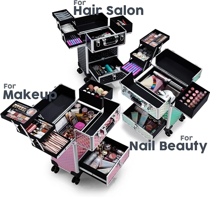 Rolling Makeup Case with Drawer Cosmetology Case on Wheels Makeup Trolley Sliding Drawer Makeup Travel Case for Esthetician, Mobile Stylist, Manicurist Barber Case Traveling Cart Trunk Glitter Pink