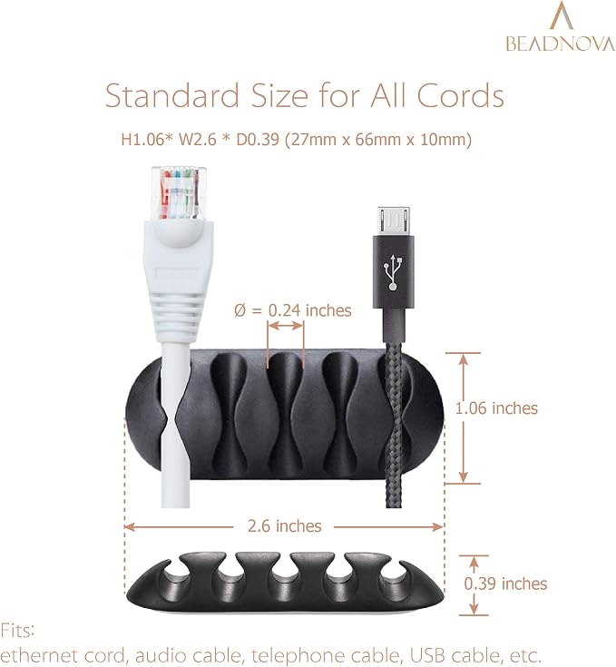 BEADNOVA Cord Organizer Cable Organizer Cable Clips Cord Holder for Desk Management Wire Holder Clips for Computer Desk (Black, 4 pcs)