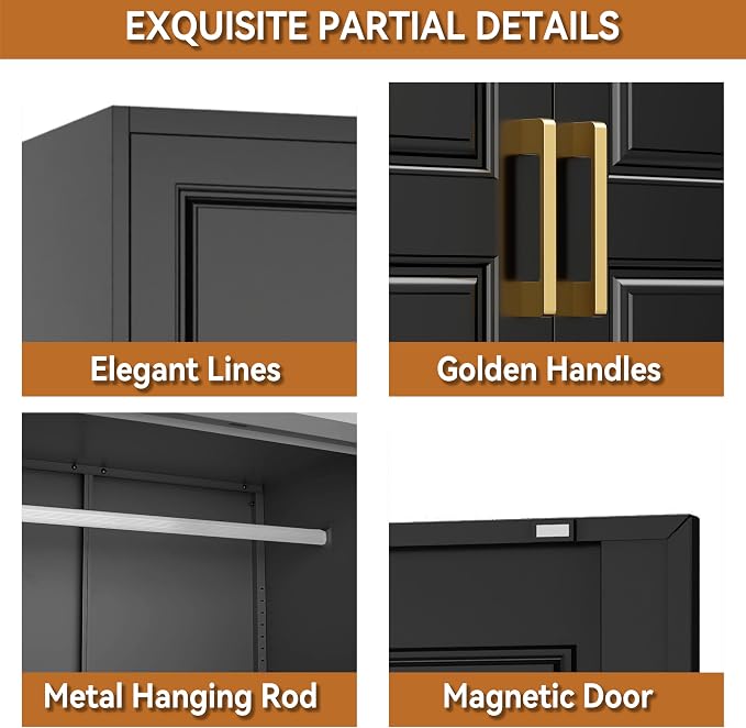 Polup Metal Armoire Closet, 86 Inch Tall Wardrobe Armoire with Hanging Rod, Wardrobe Closet for Clothes with Doors, 18" D x 32" W x 86" H,Black, Assemble Required, Shipped in Two Packages