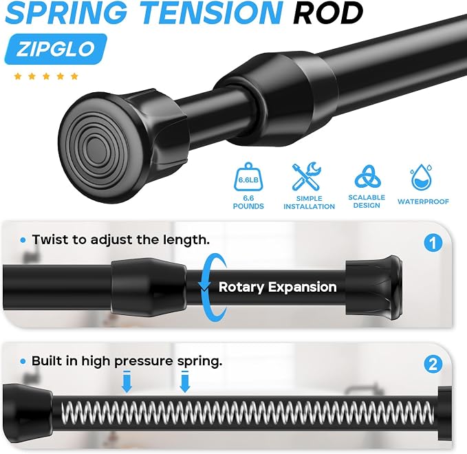 Spring Tension Curtain Rods 17-28 Inch Black 2 Pack | No-drill & tool-free setup. Fits windows, kitchens, doorways. Rust-resistant, great for light curtains.
