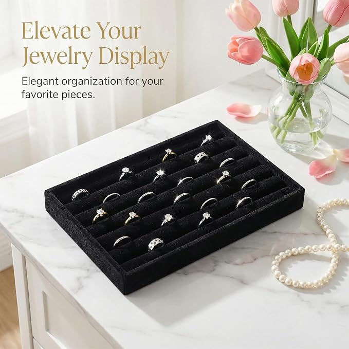 SynHHergyx Ring Display Tray 7 Slots Ring Display Case Earrings Showcase Organizer Rings Holder Tray Velvet Jewelry Drawer Organizer Inserts, Black