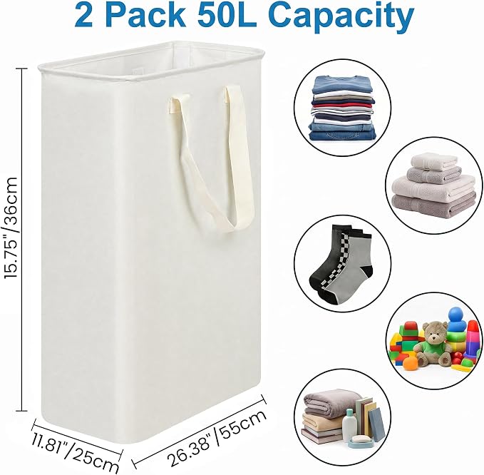 efluky 2 Pack Slim Laundry Basket with Lid, Narrow Laundry Hamper with Handles, Collapsible Dirty Clothes Hamper, Tall Laundry Bin for Laundry Room, Dorm and Bedroom, 50L Beige