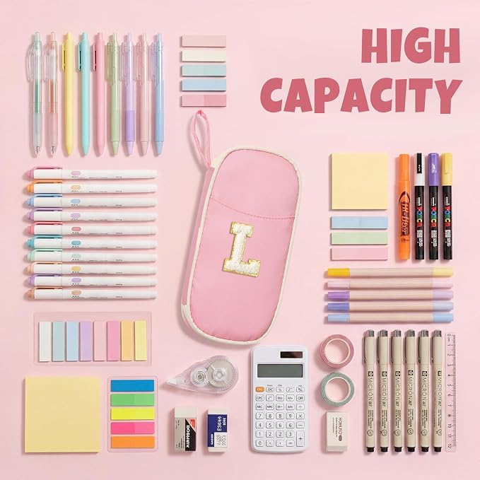 SUNEE Cute Pencil Case, Kawaii Big Capacity Pencil Pouch, Personalized Initial Pencil Bag with Zipper, Stationery Storage and Organizer, Back to School Supplies, Pen Box for Girls & Boys, Teen, L-Pink
