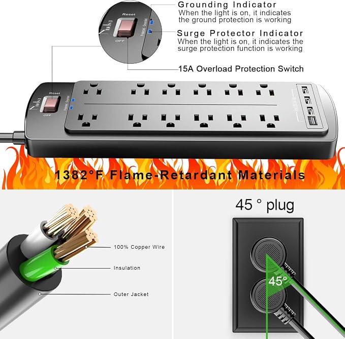 Power Strip, Nuetsa Surge Protector with 12 Outlets and 4 USB Ports, 6 Feet Flat Plug Extension Cord for Home, Office, Dorm Essentials, 2700 Joules, ETL Listed, Black