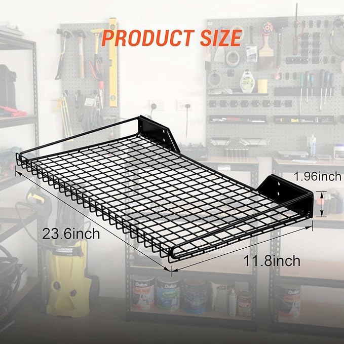 Wallmaster Garage Wall Shelf 2 Pack 23.6"x11.8" Wall Mount Heavy Duty Metal Shelves Mesh Storage Rack for Garage, Office, Basement and Kithcen, max Load 65 lbs (Black)