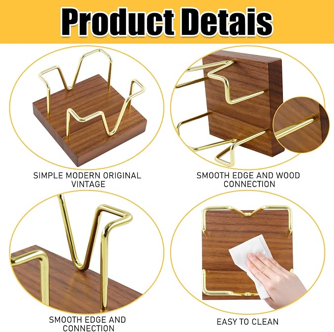 MultiBey Walnut Sticky Note Holder for Desk - Wood & Gold Wire Rack | Self-Stick Note Pad Holder & Metal Wire Notepad Dispenser. Stylish Desktop Post-It Organizer for Office Supplies