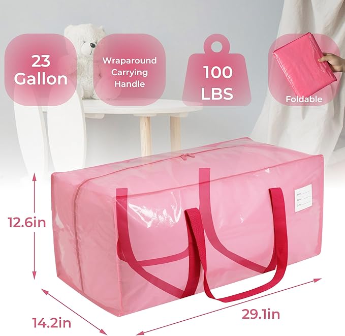 VTSVTS 4 Pack Extra Heavy Duty Large Moving Bags with Comfortable Handle & Strong Zipper,Storage Totes for Space Saving Moving Storage College Supplies Alternative to Moving Box,Pink