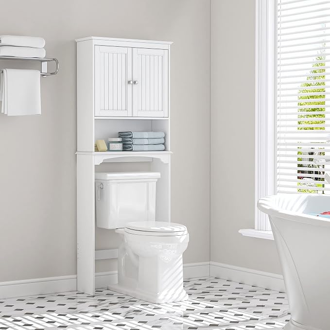 Spirich Over The Toilet Storage Cabinet with Doors, Bathroom Organizer | White, Adjustable Shelf, Anti-Tip Fitting, FSC-Certified MDF, Beadboard Design, 33.3" Toilet Clearance, Adjustable Crossbar