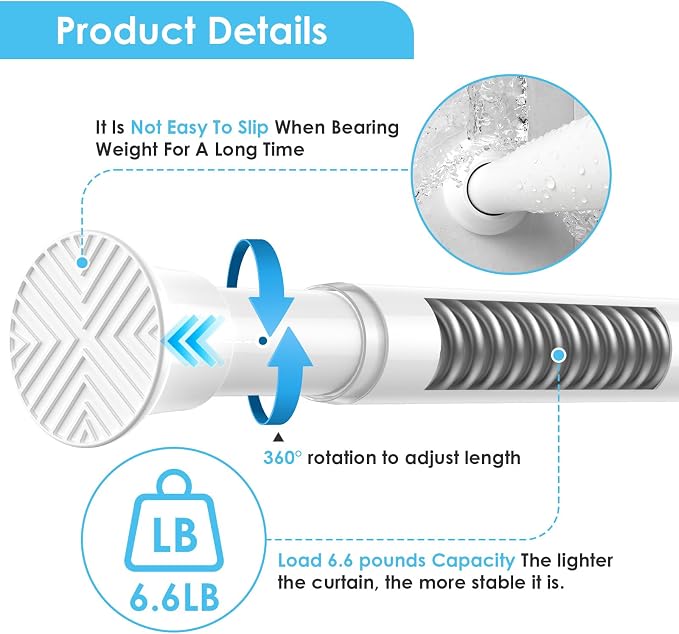 1Pcs Tension Curtain Rod 31 To 63 Inch White Shower Curtain Rod No Drilling Adjustable Spring Loaded Curtain Rods 7/8"Diameter Shower Rods For Bathroom Windows Bedroom Closet Doorway Door