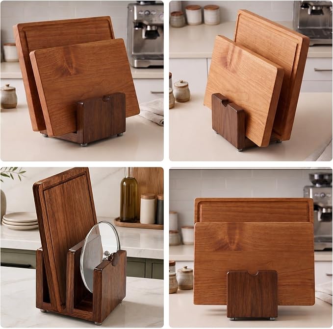 Acacia Wood Cutting Board Holder, Pot Lid Organizer Rack, Heavy Duty Wooden Storage Stand for Chopping Boards, Bakeware & Plates with Non-Slip Feet