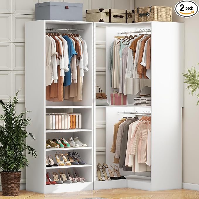 Closet System with 2 Sets, 5FT-10FT Closet Organizer System with 5 Hanging Rods& Adjustable Shelves, Corner Walk in Closet Free Standing Closet System, Modular Closet System, White