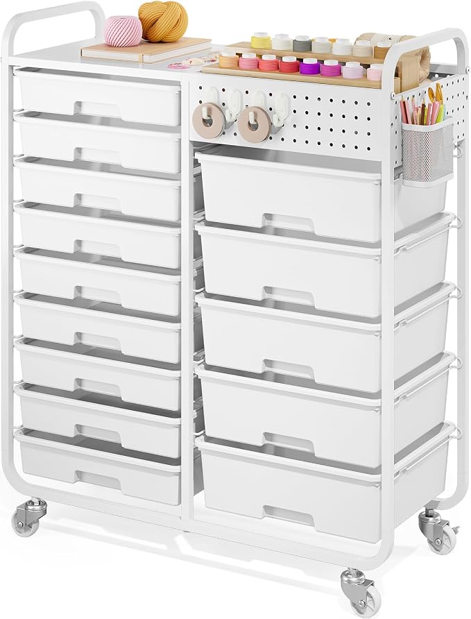 Rolling Storage Cart with 14 Drawers, Storage Organizer Cart with Tabletop and Pegboard,Utility Cart for Living Room, Classroom, Bedroom,Bathroom,Dorm,Office (White)