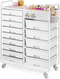 Rolling Storage Cart with 14 Drawers, Storage Organizer Cart with Tabletop and Pegboard,Utility Cart for Living Room, Classroom, Bedroom,Bathroom,Dorm,Office (White)