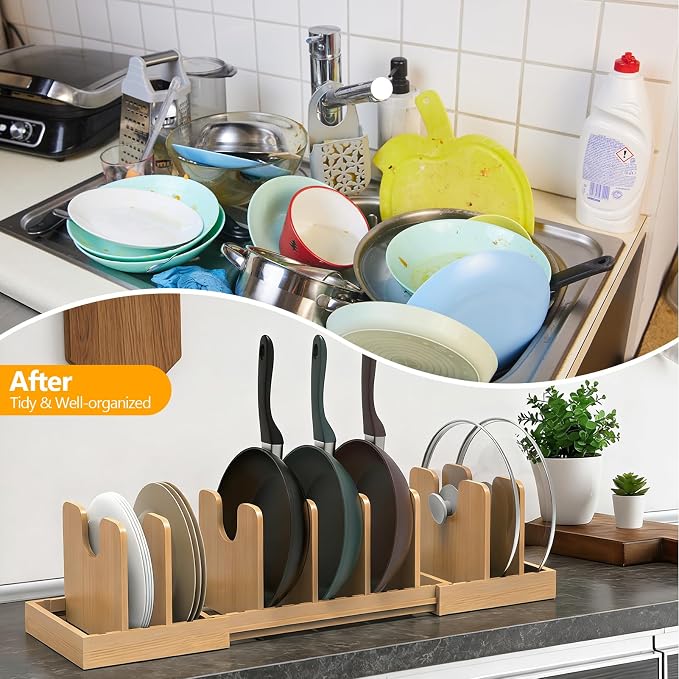 Expandable Pot Lid Organizer, Bamboo Pot and Pan Organizer for Under Cabinet, 16" to 28" Adjustable Length and 8pcs Dividers
