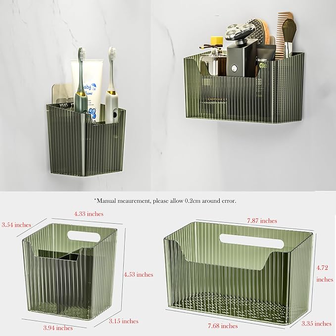Lae Nuvole 2Pcs Storage Organizer Bins, Wall Mount Toothbrush Holder, Clear | with Dividers & 4 Adhesive Pads, No Drill, Renter Friendly, BPA-Free PET, Fits Bathroom, Apartment, RVs, Cabinet/Pantry Door
