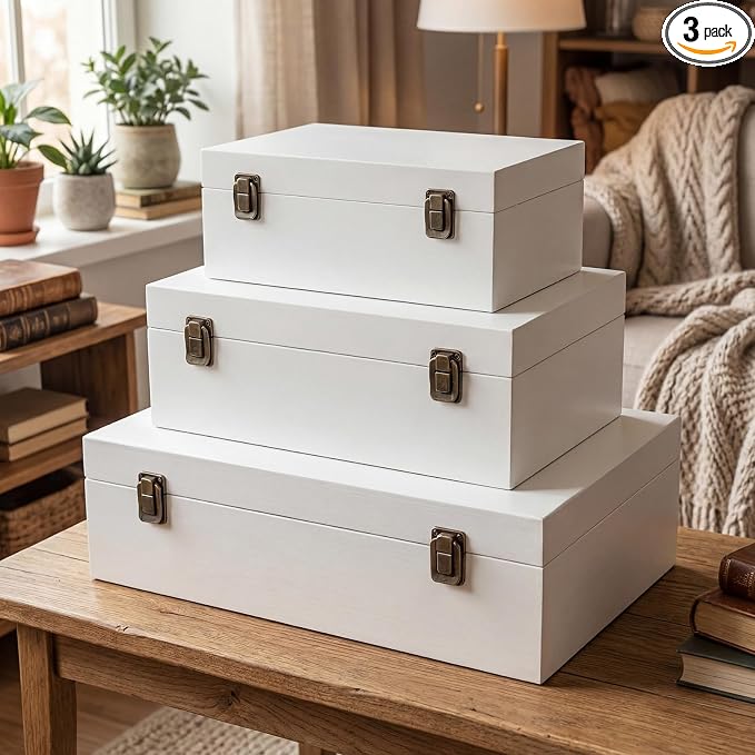 Sliner 3 Pcs Wooden Decorative Storage Boxes with Lids Vintage Wood Organizer Bins for Your Bookshelf Home Decor Safely Store Photos Documents Memory Jewelry Craft Storage (White,S M L Size)