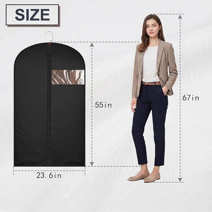 55Inch Garment Bags Covers, Black Hanging Clothes Bag, Suit Cover Bags with Clear Window for Hanging Closet Clothes Storage and Travel (1, Black, 55 inch)