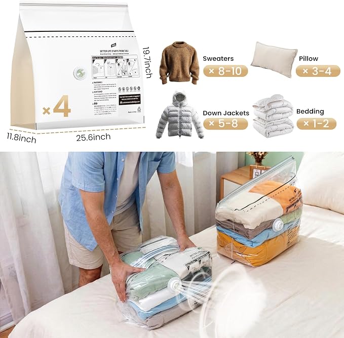 TAILI Cube Vacuum Storage Bags 4 pack, Medium Size (25x19x11 inch), Vacuum Seal Bags for Clothing, No Pump Compression Packing Cube for Blankets, Baby Clothes