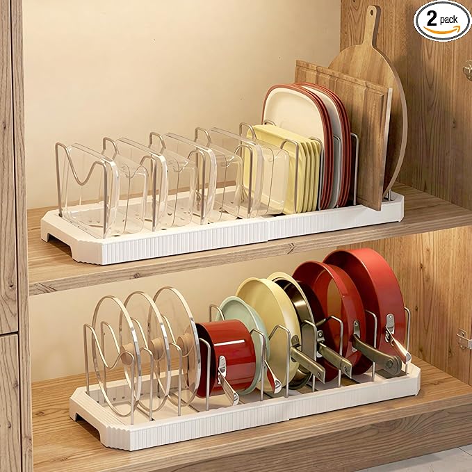 2 Pack Expandable Pot Lid Organizer, 22" Adjustable Pot and Pan Holder Under Cabinet with 10 Dividers, Inside Kitchen Cabinet Storage Rack for Baking Sheets, Cutting Boards, Cookware