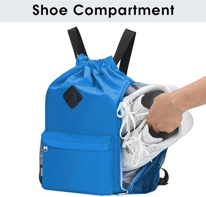 WANDF Drawstring Backpack with Shoe Compartment, Sports Gym Bag | Multi-Pocket Storage, Water-Resistant Fabric, Cinch String Bag