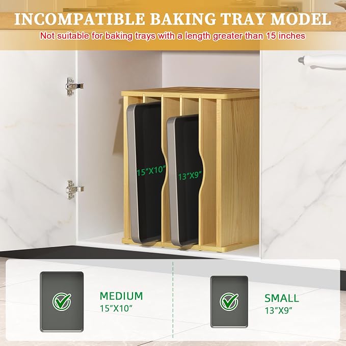 6 Tier Wooden Tray Dividers for Cabinets, Cookie Sheet Organizer for Cabinet, Vertical Tray Dividers for Storing pans, Baking trays, Cutting Board