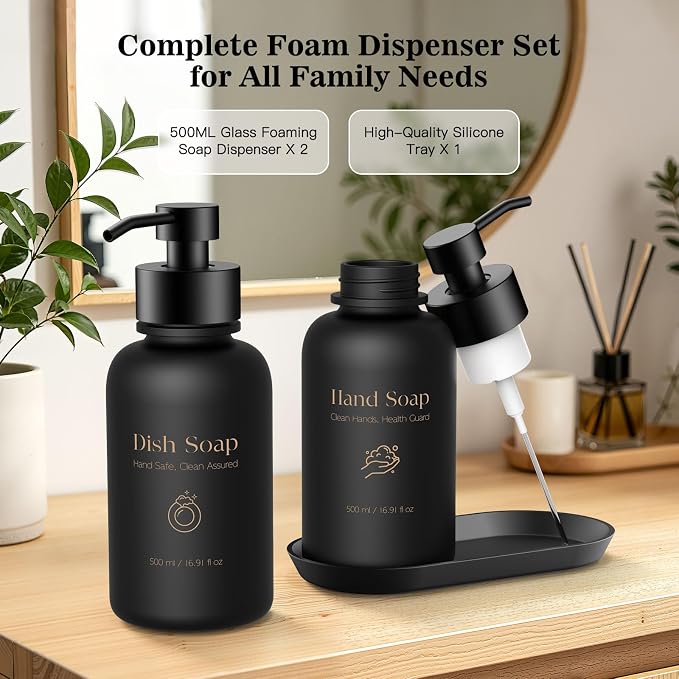 16.9 Oz Glass Foaming Soap Dispenser 2 Pack(Black) | Refillable Hand & Dish Soap Pump, With Silicone Tray & 8 Waterproof Labels, For Bathroom & Kitchen，Perfect Housewarming Gift