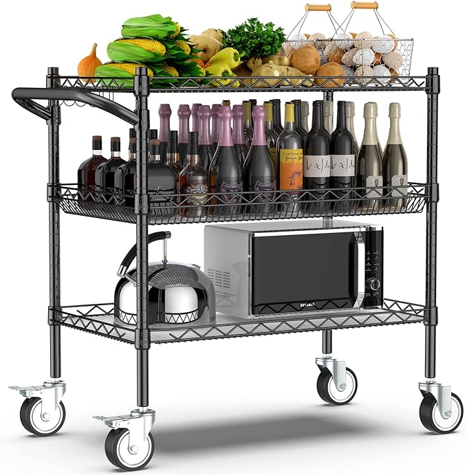 Leteuke 3 Tier Rolling Carts with Wheels, Heavy Duty Rolling Utility Cart | NSF Commercial Grade Metal Cart with Handle&Shelf Liner,Trolley Serving Cart for Kitchen,Restaurant,Plant Display,Black