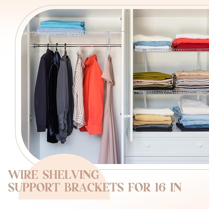 6 Pcs Support Brackets for 16in Wide Shelving Wire Wire Shelf Brackets Closet Rod Bracket Closet Support Bracket with Anchors and Pins for Installation Wires Shelving Supports Closets