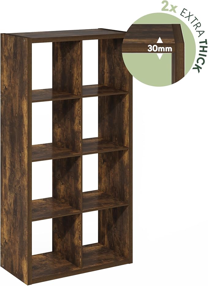 Furinno Cubicle 8-Cube Book Shelf, Extra Thick Frame Bookshelf, Amber Pine | 14.6" x 30" x 58", Horizontally & Vertically Reversible Bookcase with Open Back, for Living Room, Bedroom, Home Office