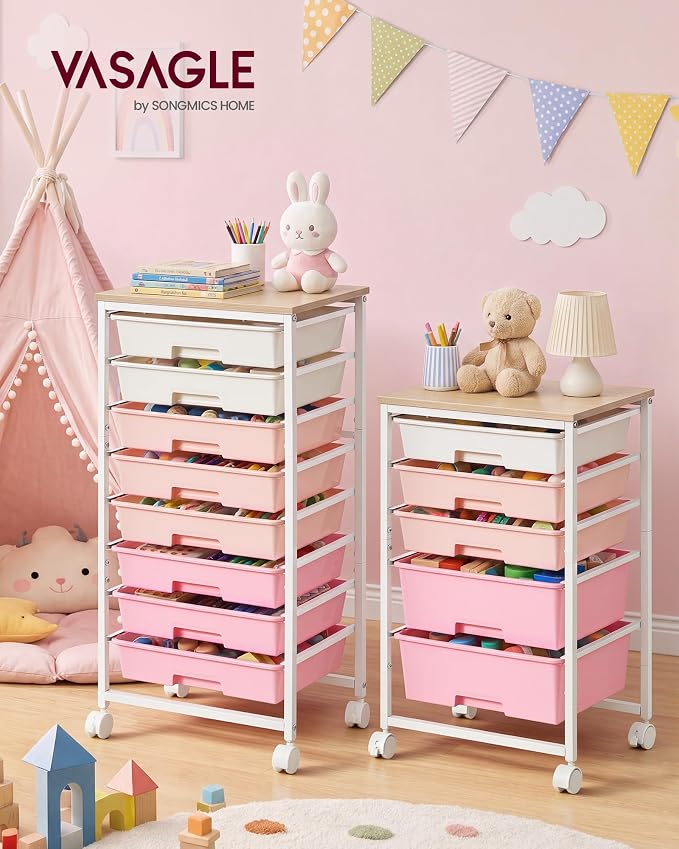 VASAGLE 5-Drawer Rolling Storage Cart, Mobile Organizer Trolley with Wood Top and Metal Frame, for Craft Room, Office, 15.6 x 11.2 x 24.8 inch, Pink, BENCO Collection ULRC005S101