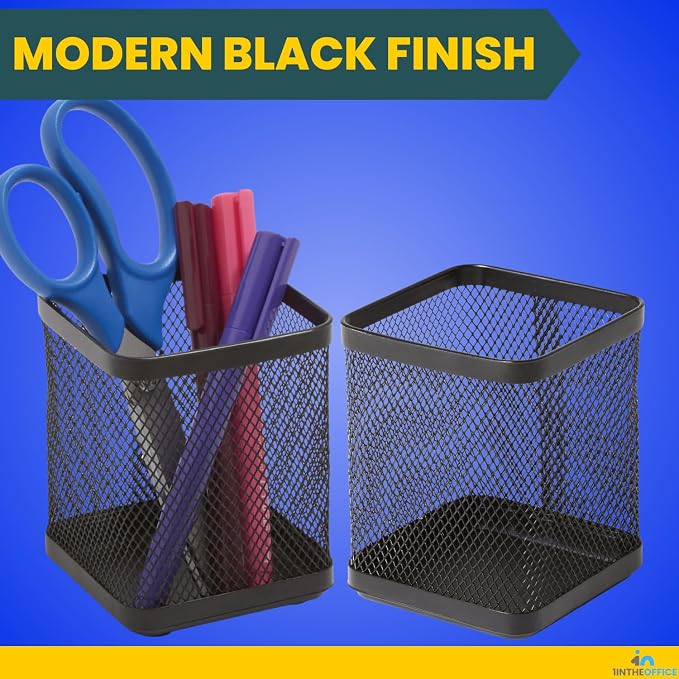 1InTheOffice Pen Cup Holder, Metal Mesh Pencil Cup Holder, Stackable Wire Mesh Regular Pencil Holder, Matte Black 2 Pack