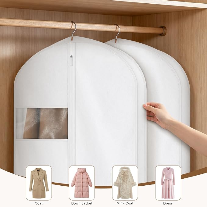 60" Premium Cotton Garment Bag for Hanging Clothes and Storage, Breathable Dress Bags for Gowns Long, Full Zipper Dust Cover with Clear Window for Long Dresses, 2 Pack
