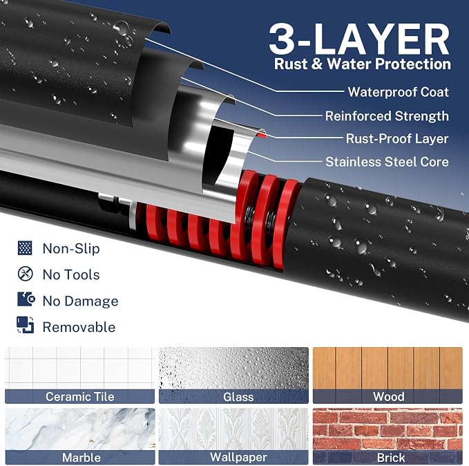 Heavy Duty Tension Shower Curtain Rod 48-74 Inch Black | Rustproof Steel, Drill-Free Mount, Adjustable Rods for Bathroom Sliding Door Patio Living Room, Non-Slip No-Tools Install