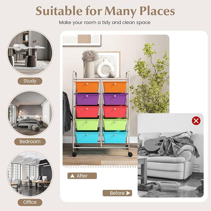 COSTWAY 10 Drawer Rolling Storage Cart, Utility Cart with Lockable Wheels | Mobile Art Supply Craft Organizer with Metal Frame, Multipurpose Drawer Cart for Paper for Office, School, Multi-color