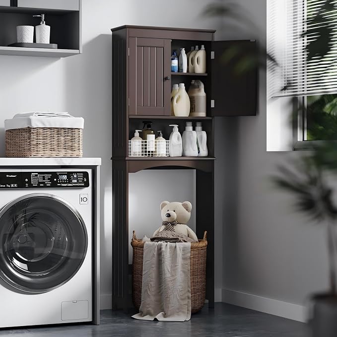 Bealife Over The Toilet Storage Cabinet with Open Shelf - Espresso | Over Toilet Bathroom Organizer with Adjustable Shelf and Double Doors, Space Saver Free Standing Storage Shelf for Bathroom