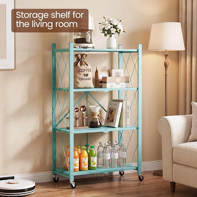 ALANNG 4 Tier Folding Storage Shelf on Wheels,Heavy Duty Metal Rolling Cart | 264 lbs Capacity, No Tools Assembly, Folds to 3.9", Lockable Casters, Portable for Kitchen Laundry Garage
