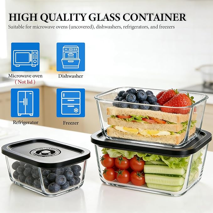 Glass Vacuum Containers for Food Fresh & Save Storage, Made For Compact Vacuum Sealer, 3pcs Mixed Set Small, Medium, Large With Handheld Vacuum Sealer Machine