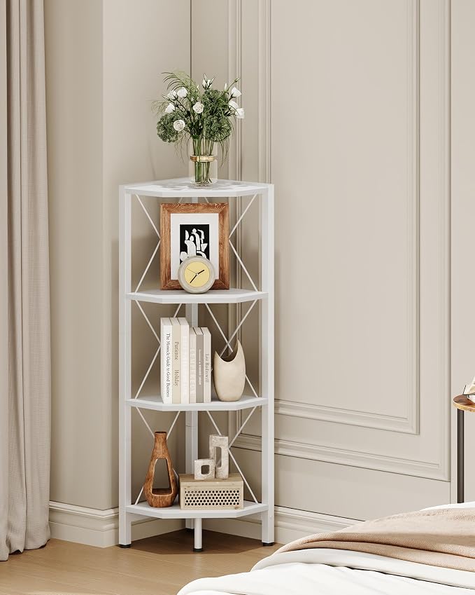 CHOEZON 4-Tier Corner Shelf, Corner Bookcase, 43.3" Tall Vertical Display Rack, Plant Stand, Open Storage Shelf, for Living Room, Bedroom, Study, Kitchen, White TCJ14WB