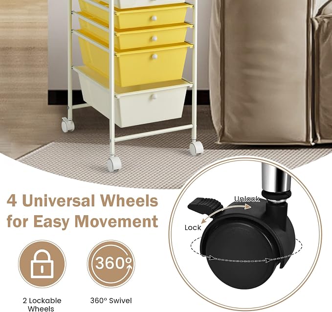 DREAMADE Rolling Cart With Storage Drawers, Utility Cart With Removable Plastic Drawers, Lockable Wheels for Classroom Organization, Art Supplies, Office, Scrapbook (6 Drawers, Yellow)