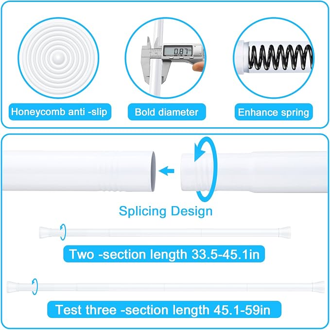 AIZESI Shower Rod 34-59 Inch - Non-Slip, No Drill spring curtain tension rod Never Rust Adjustable Tension Curtain Rod, White Shower Curtain Rod