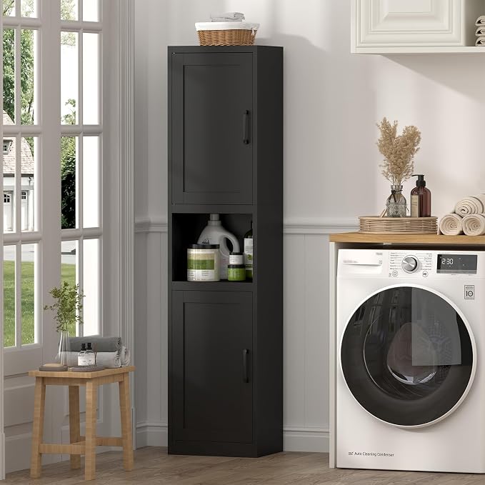 Bathroom Storage Cabinet, 67" H Tall Bathroom Storage with Shelves and Doors, Narrow Bathroom Storage Cabinet for Home, Metal Slim Storage Cabinet, Black