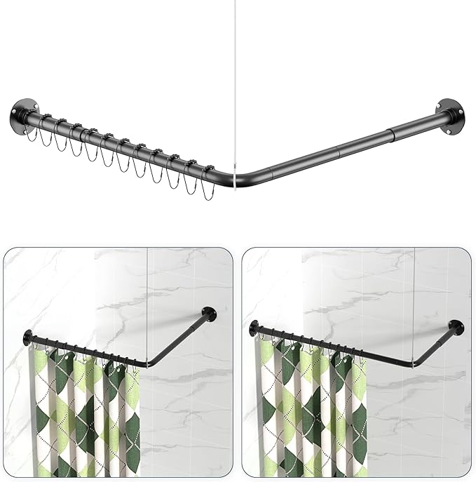 L Shaped Shower Curtain Rods, Adjustable (23''-69'' X 23''-69'') Corner Shower Rod with 12 Shower Curtain Rings, All 304 Stainless Steel, for Bathroom, Bathtub, Clothing Store, Need to Drill, Black