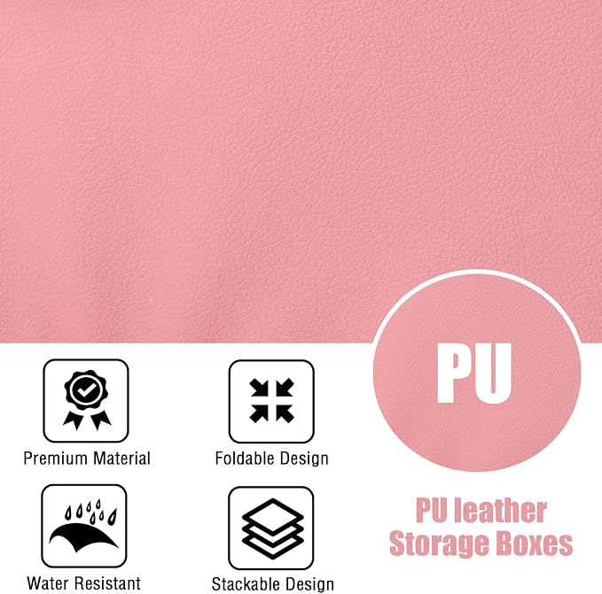2PCS Storage Bins with Zipper Lid PU leather Storage Boxes Leather Fabric Collapsible Lidded Baskets Cube with Handle Decorative Shelves Closet Office Organizer Container(Pink, Small Size)