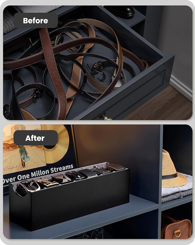 Lolalet Belt Organizer for Closet, Belt Box & Storage Drawer -Black | PU Leather Belt Holder with 7 Extra-Wide Compartments, Soft Lining, Fits Entryway Cabinet, for Men & Women, 2 Packs