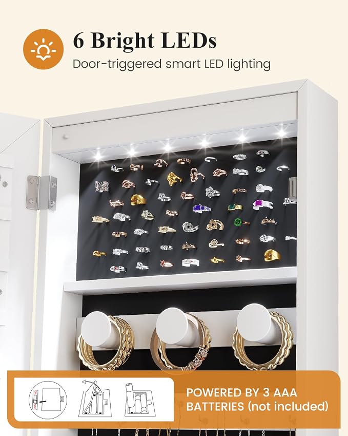 Wall Door Mounted Jewelry Cabinet 6 LED Jewelry Mirror Storage Organizer | Over the Door Jewelry Armoire Organizer, Lockable Full Length Mirror Hanging Jewelry Storage for Women (White-pro)