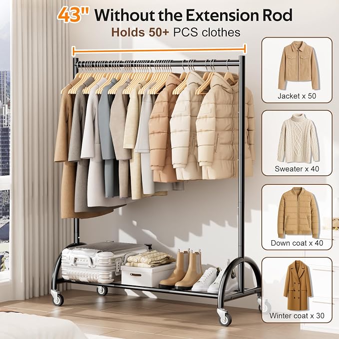 MISSLO Heavy Duty Clothing Rack with Wheels Rolling Clothes Racks for Hanging Clothes, Coats, Garment, Dress, Black