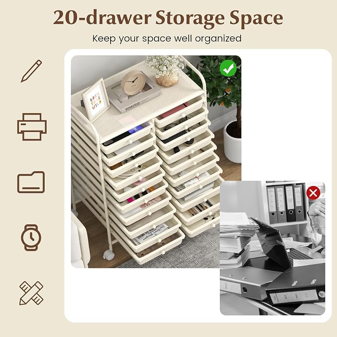 DREAMADE Rolling Cart with Storage Drawers, Utility Cart w/Removable Plastic Drawers, Lockable Wheels, Art Cart for Classroom Organization Art Supplies Office Scrapbook (20 Drawers, White)